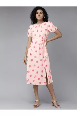 Ralph Lauren U S Polo Assn Cuffed Sleeves Floral Crepe A-Line Belted Midi Dress With Slit Detail