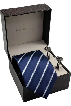 The Tie Hub Men Blue & White Striped Broad Tie and Cufflinks