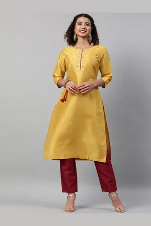 indo street Floral Embroidered Boat Neck A-Line Kurta With Trousers