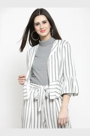 Sera Women White Striped Open Front Jacket