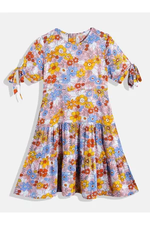 M&H Girls Floral Printed Tiered A-Line Dress