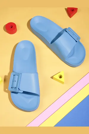 Kook N Keech Women Blue Solid Rubber Sliders