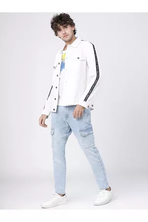 LocoMotive Men White Printed Denim Trucker Jacket