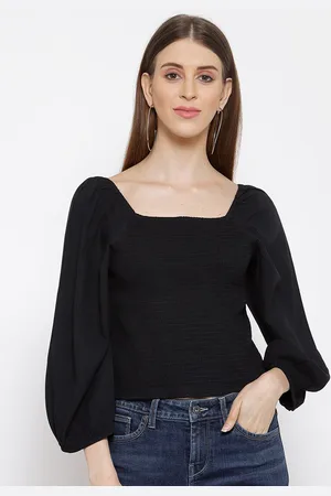 Scouph Black Puff Sleeve Smocked Crepe Regular Top