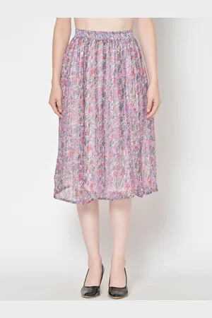 Cation Women White & Pink Floral Printed Midi Skirt