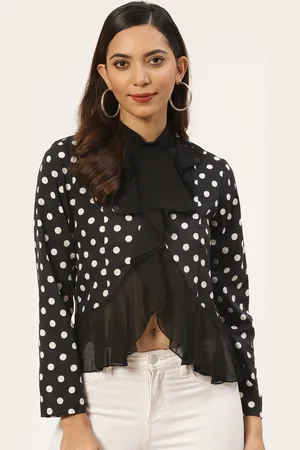 DODO & MOA Women Black & White Polka Dot Print Victorian Crop Top