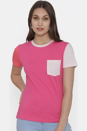 DOOR74 Women Pink & White Colourblocked Round Neck T-shirt