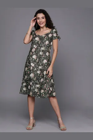 Ethnovog Women Charcoal Grey Green Floral Printed Made To Measure A-Line Dress