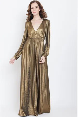 DODO & MOA Women Gold-Toned Solid Shimmery Maxi Dress