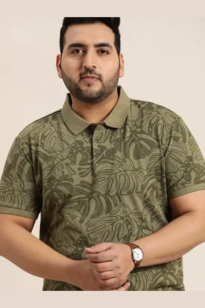 Sztori Men Plus Size Olive Green Floral Printed Polo Collar Pure Cotton T-shirt