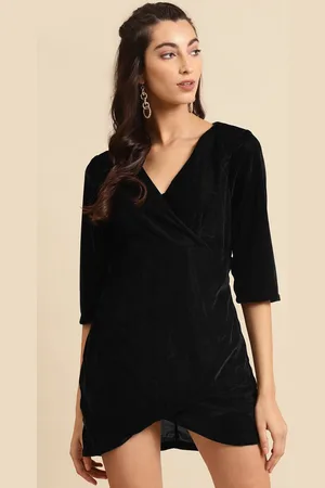 DODO & MOA Women Black Solid Velvet Finish Mini Wrap Dress
