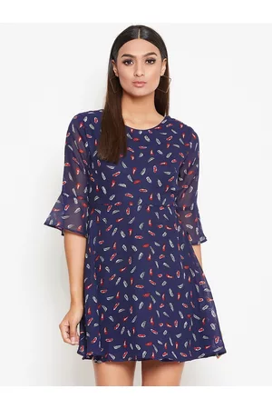 La Zoire Women Navy Blue Conversational Printed Georgette Fit and Flare Dress