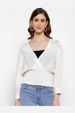 Scouph White Pure Cotton Smocked Semi-Sheer Cinched Waist Top