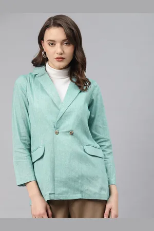 Cottinfab Women Blue Cotton Solid Slim Fit Double Breasted Blazer