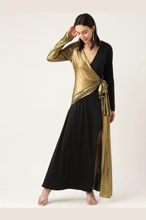DODO & MOA Women Golden Solid Sheen Maxi Dress With Twisted Detail