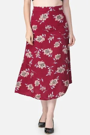 Cation Women Maroon & Beige Floral Printed A-Line Skirt