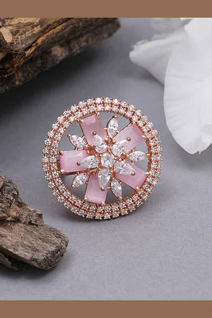 karatcart Woman Pink American Diamond Floral Shape Finger Ring