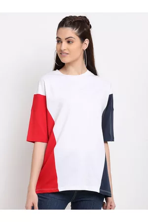 DOOR74 Women White & Red Colourblocked Drop-Shoulder Sleeves Boxy Cotton T-shirt