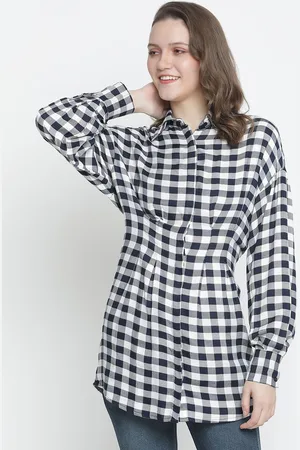 Oxolloxo Women Navy Blue & White Viscose Rayon Shirt Collar Checked Tunic