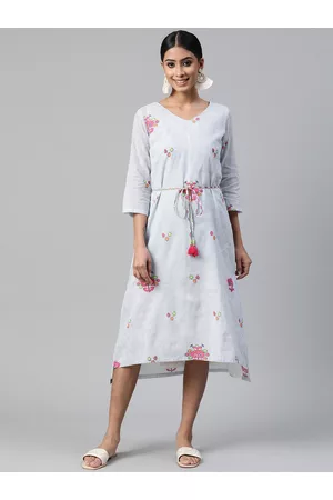 Rangriti Women Blue & White Striped Printed Pure Cotton A-Line Midi Dress with Belt