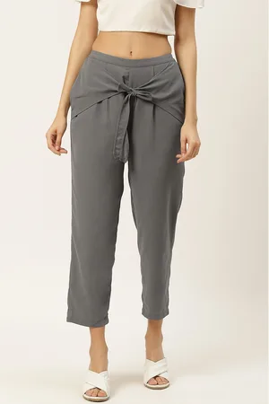 DODO & MOA Women Grey Regular Fit Solid Front Tie-Up Trousers