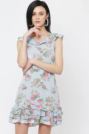 DODO & MOA Women Blue & Pink Printed A-Line Dress