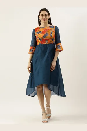 Ethnovog Women Blue Orange Printed Made To Measure A-Line Dress