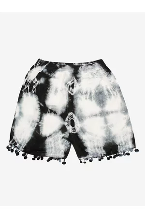 KiddoPanti Girls Black Washed Pom Pom Lace Hem Tie & Dye Shorts