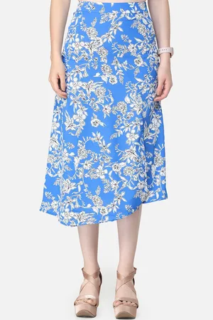 Cation Women Blue & White Floral Printed A-Line Midi Skirt