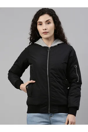 Campus Women Black Windcheater Outdoor Bomber Jacket