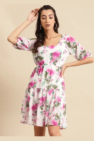 DODO & MOA Women Off-White & Pink Printed Tiered Dress
