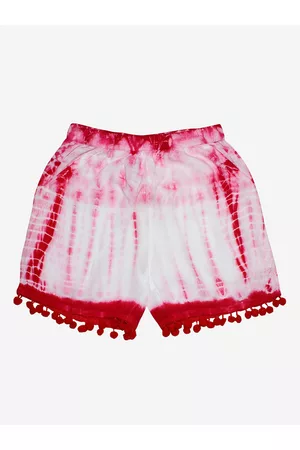KiddoPanti Girls White & Coral Tie & Dye Pom Pom Lace Hem Shorts