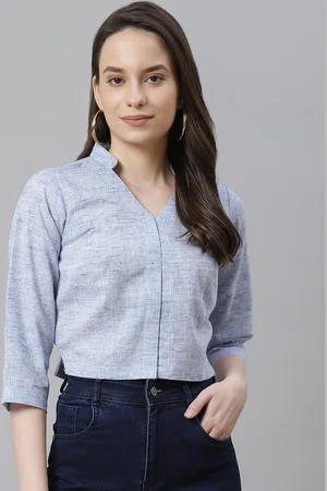 Ayaany Blue Solid Slub Effect Cotton Regular Top