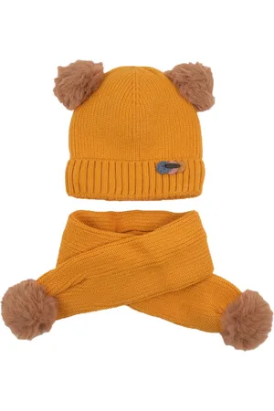 Yellow bee Girls Yellow Solid Beanie with Scarf
