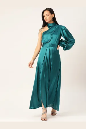 DODO & MOA Women Green Satin Finish Solid One-Shoulder Wrap Maxi Dress