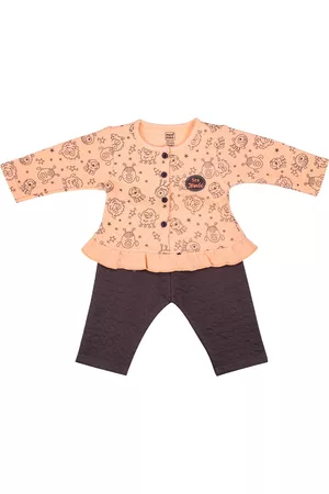 MeeMee Girls Peach-Coloured & Brown Printed Top with Leggings