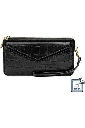 Eske Women Black Textured Genuine Leather Zip Around Wallet