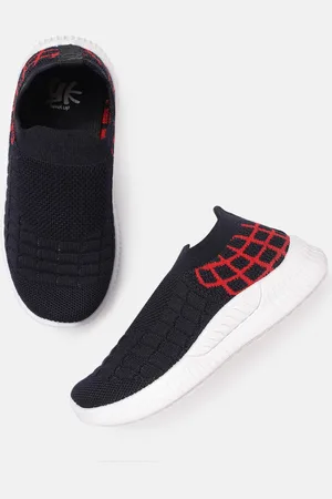 YK Boys Navy Blue & Red Woven Design Slip-On Sneakers