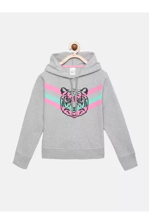 mackly Girls Grey Melange Printed Hooded Sweatshirt