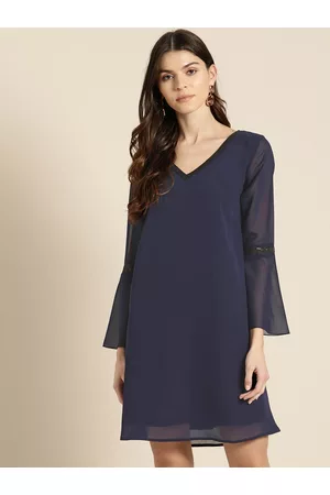 QURVII Plus Size Women Navy Blue Solid Shift Dress