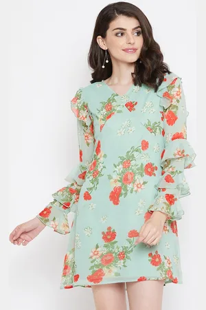 La Zoire Women Sea Green and Red Floral Printed Georgette A-Line Dress