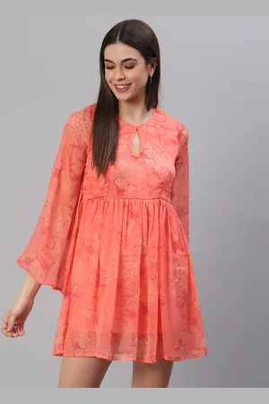 Cation Women Orange Floral Keyhole Neck Chiffon Dress