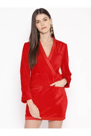 DODO & MOA Women Red Solid Velvet Finish Mini Wrap Dress