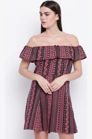 DODO & MOA Women Pink & Black Printed Off-Shoulder A-Line Dress