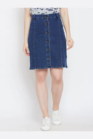CHROME & CORAL Women Blue Solid Denim Straight Skirt