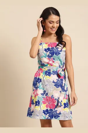 DODO & MOA Women Blue & Pink Floral Printed A-Line Dress