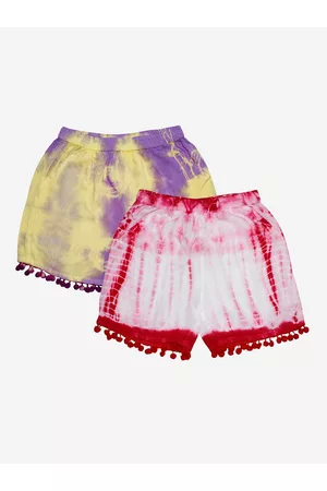 KiddoPanti Girls Yellow & Red Pack Of 2 Tie & Dye Shorts With Pom Poms