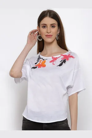 Scouph Women White Floral Printed Loose Pure Cotton T-shirt