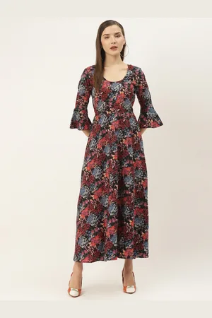 Deewa Women Black & Pink Floral Print Maxi Dress