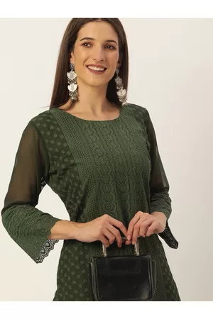 SWAGG INDIA Women Olive Green Ethnic Motifs Embroidered Chikankari Georgette Kurta
